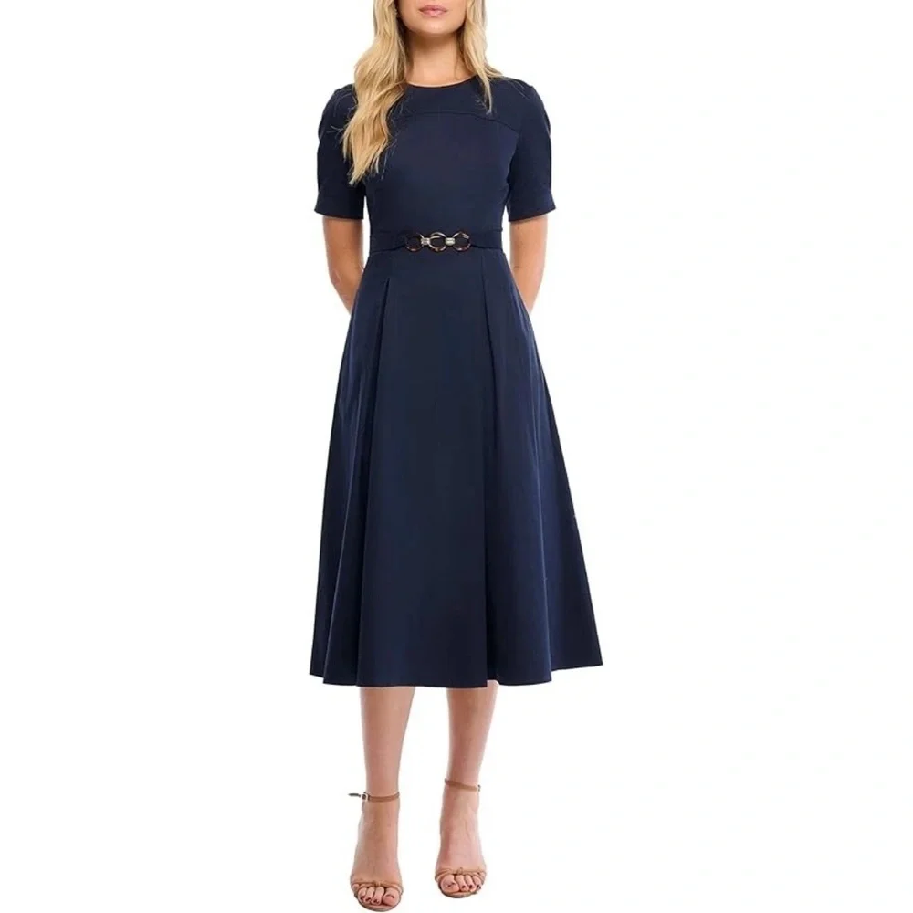 $398 Shoshanna Castell Cotton Cheryl Dress Navy Midi A-Line Chain Belt Pockets 4 - Picture 2 of 9